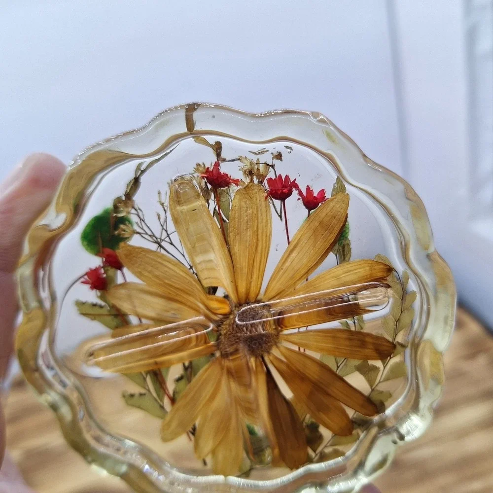 Lot of 2 Vintage Daisies Lucite Coasters Real‎ Pressed Flowers Hippie McM Ribbed
